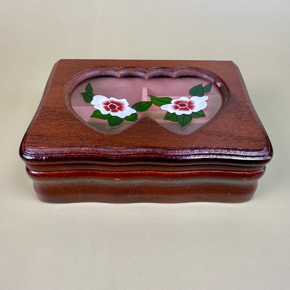 Vintage Wooden Jewelry Box | Heart Window Lid with Floral Inlay - Picture 3 of 13